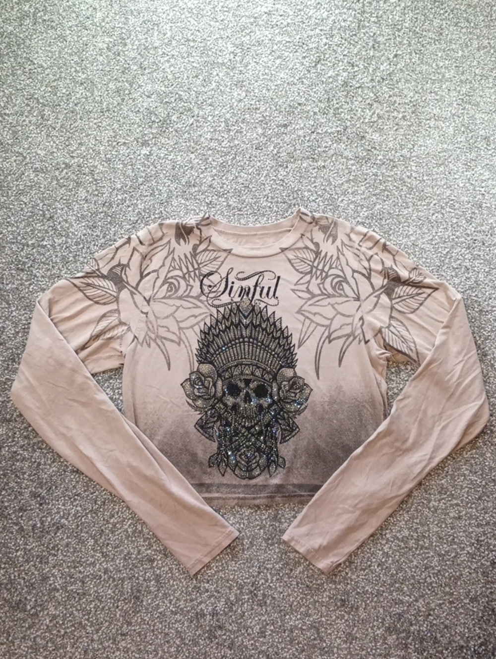 Sinful Dusty Pink Embellished Long Sleeve Graphic Crop Top